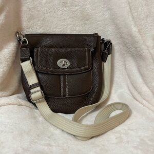Coach Dark Brown Leather Crossbody Bag with Cream Canvas Strap